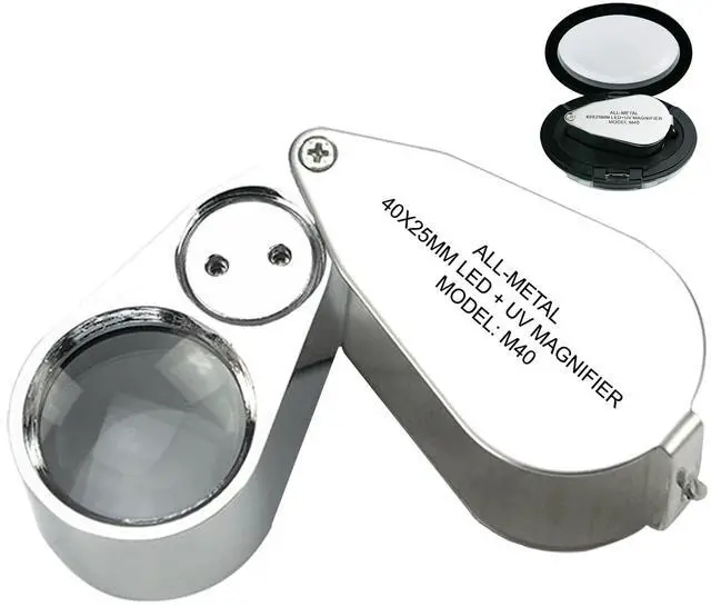 Main image of 40X Jewelers Loupe with Light, UV Lighted Magnifying Glass Eye Loop, LED Illuminated Metal Pocket Magnifier for Jewelry, Currency, Plants, Coins, Diamonds, Stamps
