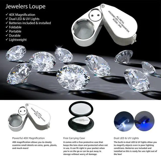 Alt view image 2 of 7 - 40X Jewelers Loupe with Light, UV Lighted Magnifying Glass Eye Loop, LED Illuminated Metal Pocket Magnifier for Jewelry, Currency, Plants, Coins, Diamonds, Stamps