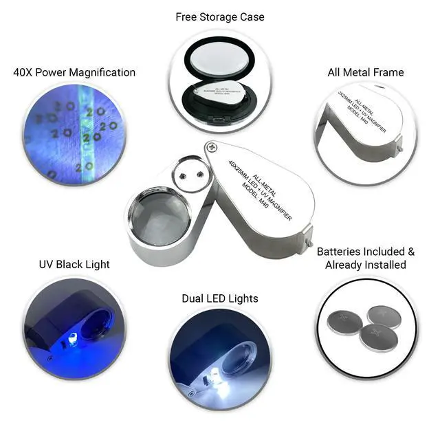 Alt view image 3 of 7 - 40X Jewelers Loupe with Light, UV Lighted Magnifying Glass Eye Loop, LED Illuminated Metal Pocket Magnifier for Jewelry, Currency, Plants, Coins, Diamonds, Stamps