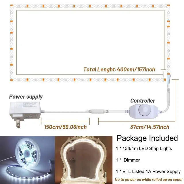 Alt view image 2 of 7 - 13ft/4M Led Vanity Mirror Lights Kit Bendable NO Need to Cut Vanity Make-up Mirror Cloakroom Adjustable Flexible Strip Light Table Set with Dimmer and Power Supply