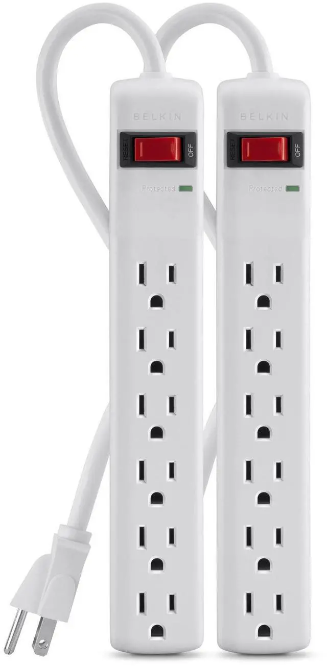 Main image of Power Strip Surge Protector - 6 AC Multiple Outlets, 2 ft Long Heavy Duty Metal Extension Cord for Home, Office, Travel, Computer Desktop & Phone Charging Brick - 200 Joules, White (2 Pack)
