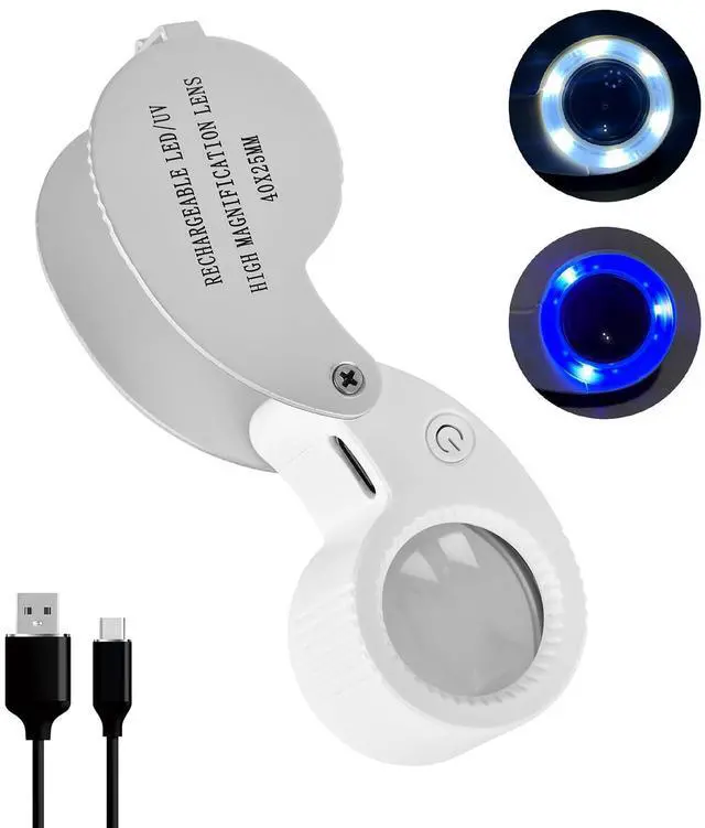Main image of Pocket Jewelry Loupe Magnifier Rechargeable with 6 LED and 3UV Lights, Small Metal Magnifying Glass 25mm Optical Lens Foldable Lighted Jeweler's Loupe for Antique Coin Gemstone,Jewelry Stamp, Watch