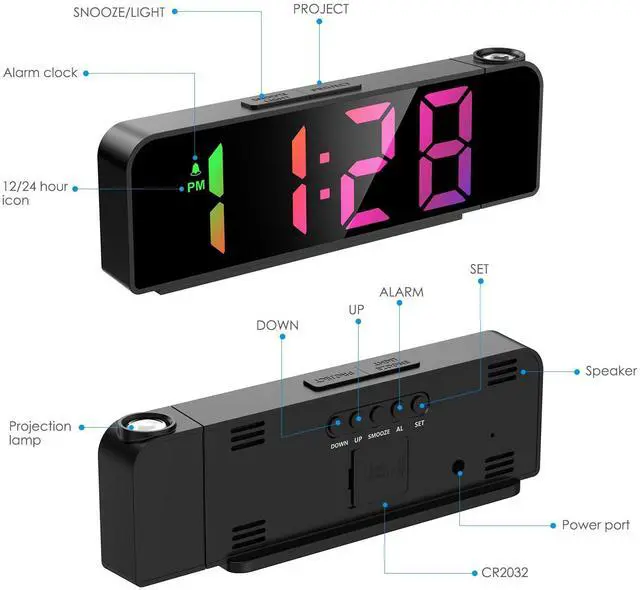 Alt view image 7 of 7 - Projection Alarm Clock for Bedrooms, 7.9" Large LED Display Alarm Clock with 180° Projection on Ceiling Wall with 4 Level Brightness, USB Charging,12/24H, Battery Backup, Snooze
