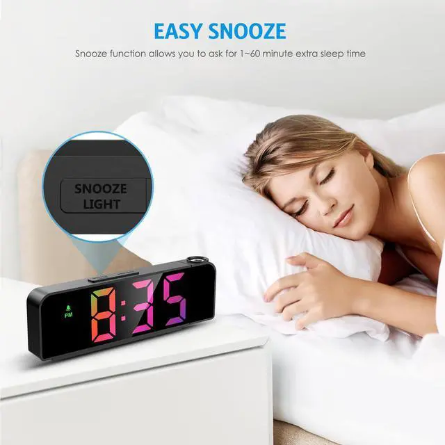 Alt view image 6 of 7 - Projection Alarm Clock for Bedrooms, 7.9" Large LED Display Alarm Clock with 180° Projection on Ceiling Wall with 4 Level Brightness, USB Charging,12/24H, Battery Backup, Snooze