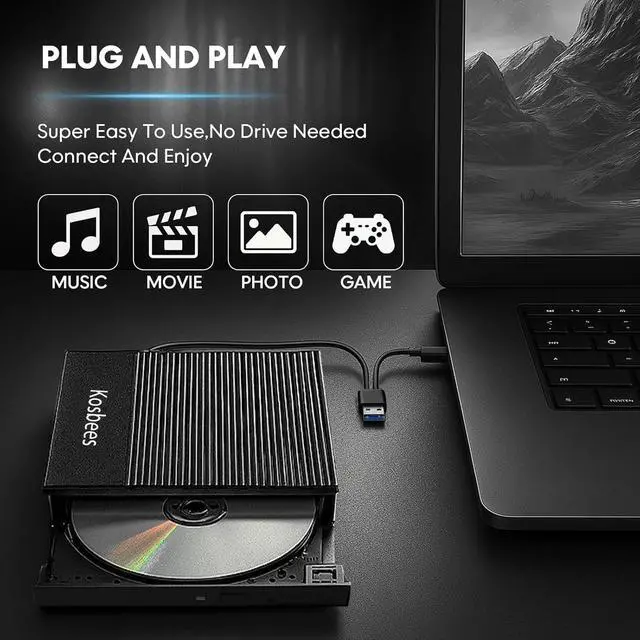 Alt view image 3 of 7 - External CD/DVD Drive for Laptop,CD Burner for PC,Ultra-Slim DVD Player for Laptop,USB 3.0 Type C Portable CD Player +/-RW CD ROM Reader Writer Disk for Desktop Windows 11/10/8/7 Mac