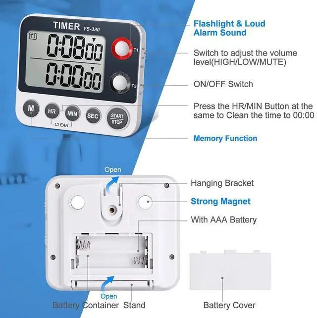 Alt view image 2 of 7 - Digital Kitchen Cooking Timer, Dual Count Up & Down with Magnetic Back, Large Display, Adjustable Volume and Flashing Alarm Light, ON/Off Switch Stopwatch, Battery Included