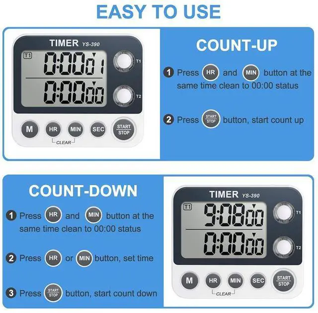 Alt view image 3 of 7 - Digital Kitchen Cooking Timer, Dual Count Up & Down with Magnetic Back, Large Display, Adjustable Volume and Flashing Alarm Light, ON/Off Switch Stopwatch, Battery Included