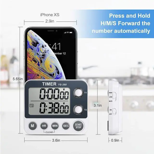 Alt view image 4 of 7 - Digital Kitchen Cooking Timer, Dual Count Up & Down with Magnetic Back, Large Display, Adjustable Volume and Flashing Alarm Light, ON/Off Switch Stopwatch, Battery Included