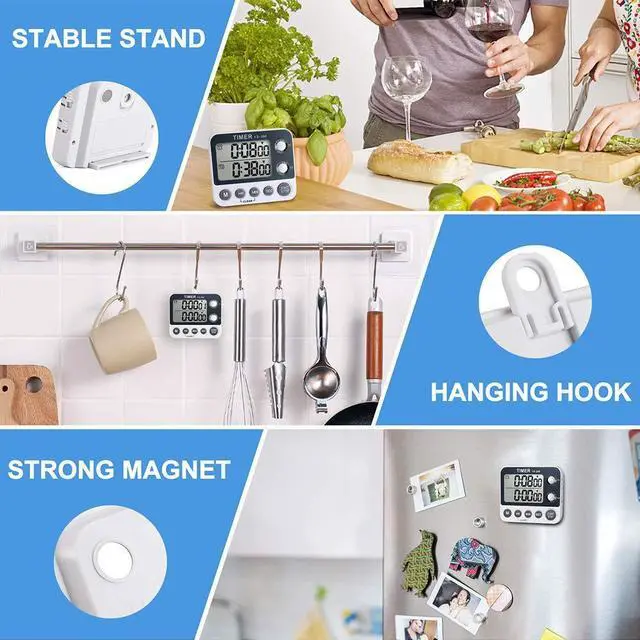 Alt view image 6 of 7 - Digital Kitchen Cooking Timer, Dual Count Up & Down with Magnetic Back, Large Display, Adjustable Volume and Flashing Alarm Light, ON/Off Switch Stopwatch, Battery Included