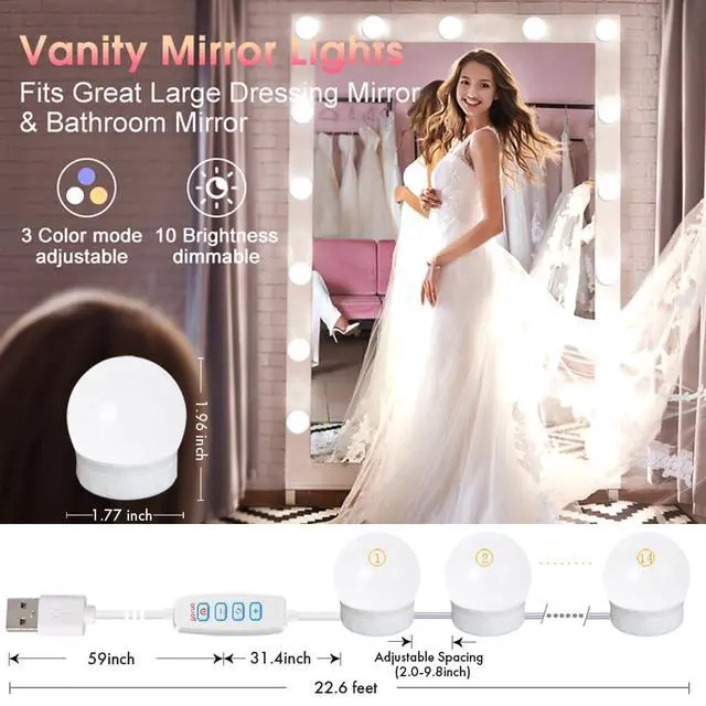 Alt view image 6 of 7 - 22.6ft Led Vanity Mirror Lights with 14 Dimmable Light Bulbs Makeup Vanity Lights for Big Long Mirror,Mirror Not Included