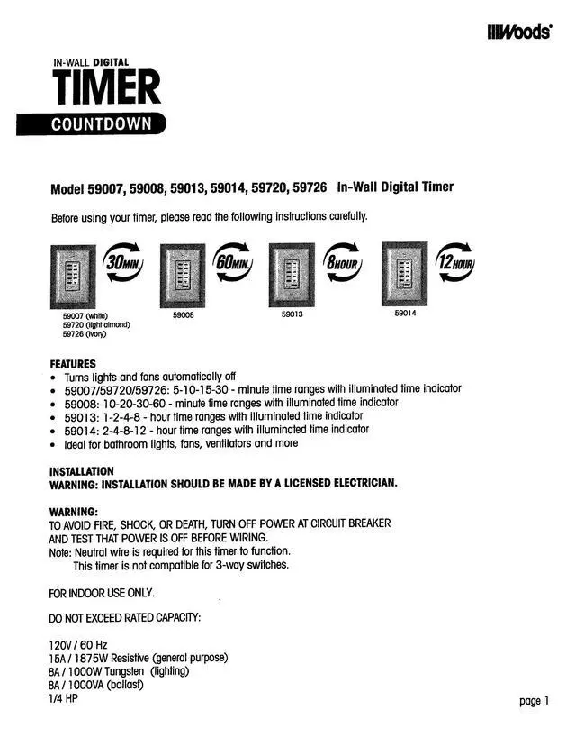 Alt view image 7 of 7 - Southwire Woods In-Wall 60-Minute Digital Countdown Timer - Automatic Shut-Off Timer - Energy-Efficient Wall-Mounted Timer - Durable Digital Timer - Easy-Installation Indoor Timer