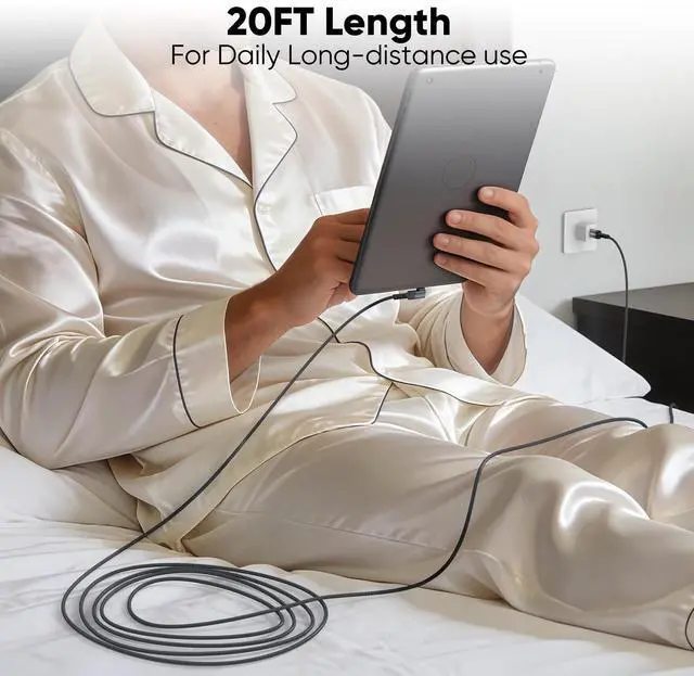 Alt view image 2 of 7 - 20 Ft USB C Cable Right Angle, 3A Charging Long 90 Degree USB to Type C Cord 20 foot No Data Transfer, Braided for iPhone 17 16 15, Galaxy S25 S24 S23 S22, Pixel 10 9 8, Switch, Tablet, Car Chargers