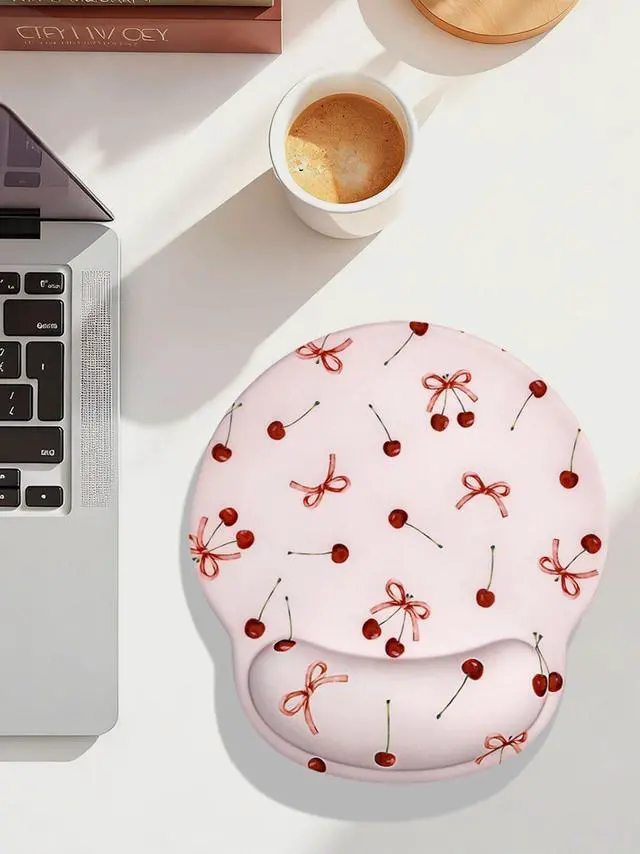 Alt view image 2 of 7 - Retro Ribbon Bow Cherry Mouse Pad with Gel Wrist Support Mouse Pad,Ergonomic Aesthetic,Comfort Mousepad for Office Work Computer,Pain Relief Mousepad with Non-Slip Silicone Base,Pink