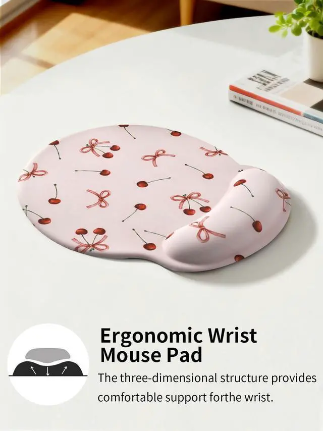 Alt view image 4 of 7 - Retro Ribbon Bow Cherry Mouse Pad with Gel Wrist Support Mouse Pad,Ergonomic Aesthetic,Comfort Mousepad for Office Work Computer,Pain Relief Mousepad with Non-Slip Silicone Base,Pink