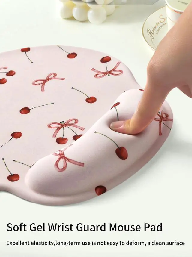 Alt view image 6 of 7 - Retro Ribbon Bow Cherry Mouse Pad with Gel Wrist Support Mouse Pad,Ergonomic Aesthetic,Comfort Mousepad for Office Work Computer,Pain Relief Mousepad with Non-Slip Silicone Base,Pink