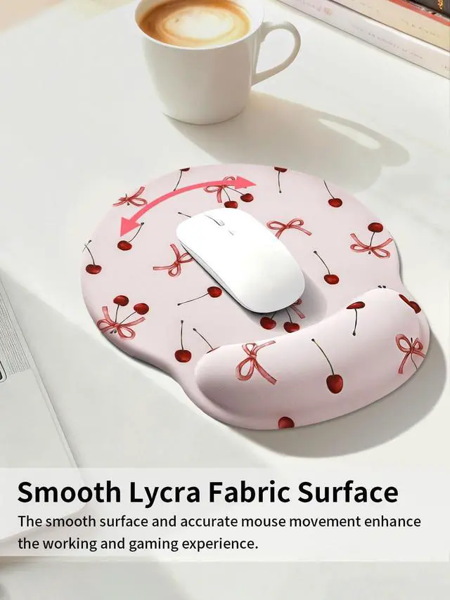 Alt view image 3 of 7 - Retro Ribbon Bow Cherry Mouse Pad with Gel Wrist Support Mouse Pad,Ergonomic Aesthetic,Comfort Mousepad for Office Work Computer,Pain Relief Mousepad with Non-Slip Silicone Base,Pink