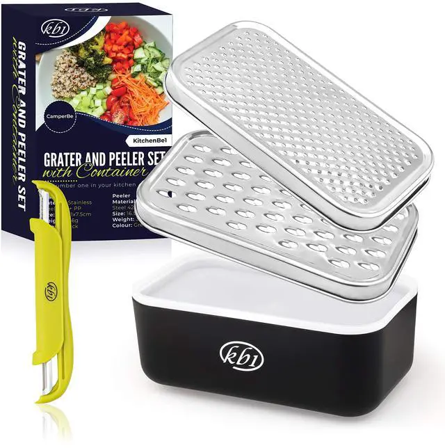 Main image of Cheese Grater with Container and Lid & Peeler Set - Vegetable Fruit Multi-Function Stainless Steel Kitchen Utensil Kit with Black Food Plastic Storage Stable Box - Hand Chopper Graters & Peelers