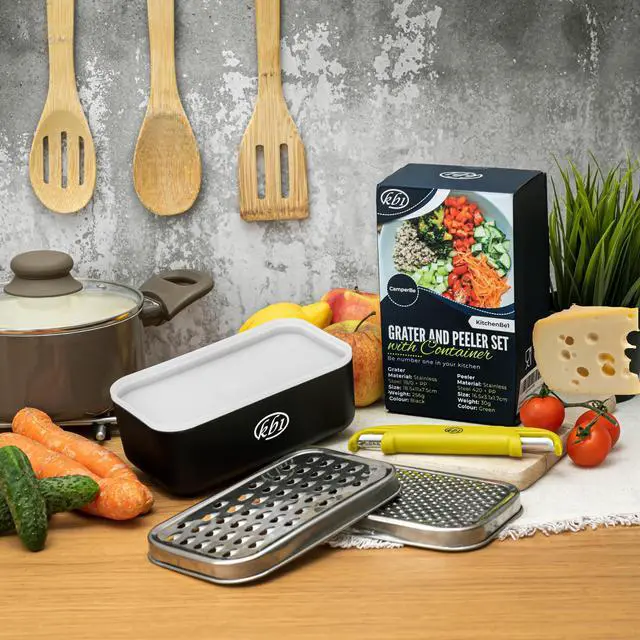 Alt view image 3 of 7 - Cheese Grater with Container and Lid & Peeler Set - Vegetable Fruit Multi-Function Stainless Steel Kitchen Utensil Kit with Black Food Plastic Storage Stable Box - Hand Chopper Graters & Peelers