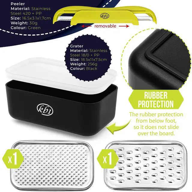 Alt view image 2 of 7 - Cheese Grater with Container and Lid & Peeler Set - Vegetable Fruit Multi-Function Stainless Steel Kitchen Utensil Kit with Black Food Plastic Storage Stable Box - Hand Chopper Graters & Peelers