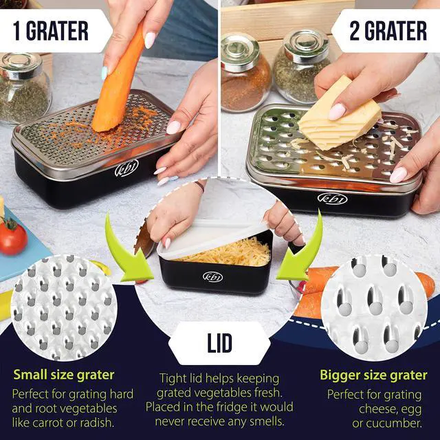 Alt view image 4 of 7 - Cheese Grater with Container and Lid & Peeler Set - Vegetable Fruit Multi-Function Stainless Steel Kitchen Utensil Kit with Black Food Plastic Storage Stable Box - Hand Chopper Graters & Peelers
