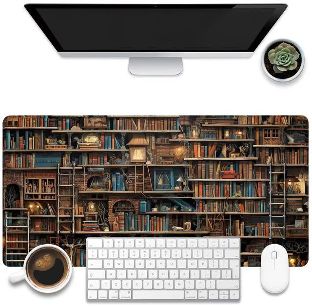 Main image of Desk Pad, Fantasy Shelves Desk Mat, Shelves Full of Books Large Gaming Mouse Pad for Desk, 31.5"x15.7" Extended Big Computer Keyboard Mouse Pad with Non-Slip Base and Stitched Edge