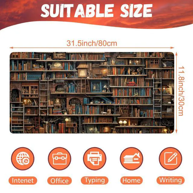 Alt view image 2 of 7 - Desk Pad, Fantasy Shelves Desk Mat, Shelves Full of Books Large Gaming Mouse Pad for Desk, 31.5"x15.7" Extended Big Computer Keyboard Mouse Pad with Non-Slip Base and Stitched Edge