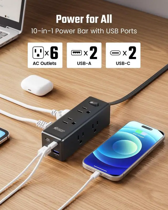 Alt view image 2 of 7 - 15 Ft Extension Cord with Multiple Outlets, Long Extension with 6 Outlets 4 USB Ports(2 USB C), Flat Plug Surge Protector Power Strip for Home, Office Supplies, Dorm Essentials, Black