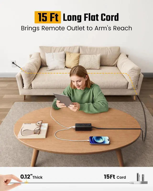 Alt view image 3 of 7 - 15 Ft Extension Cord with Multiple Outlets, Long Extension with 6 Outlets 4 USB Ports(2 USB C), Flat Plug Surge Protector Power Strip for Home, Office Supplies, Dorm Essentials, Black