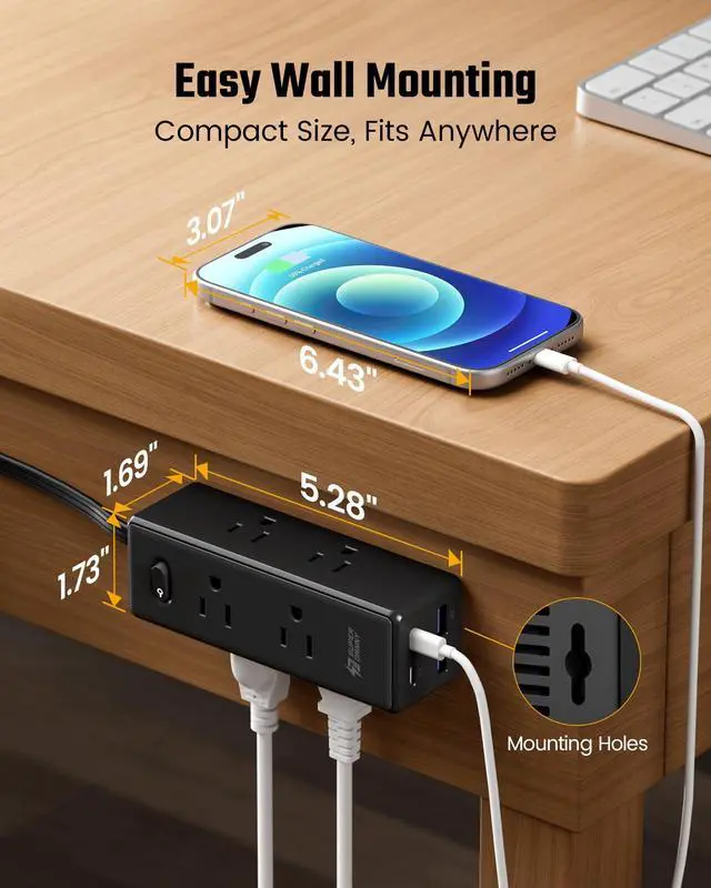 Alt view image 4 of 7 - 15 Ft Extension Cord with Multiple Outlets, Long Extension with 6 Outlets 4 USB Ports(2 USB C), Flat Plug Surge Protector Power Strip for Home, Office Supplies, Dorm Essentials, Black