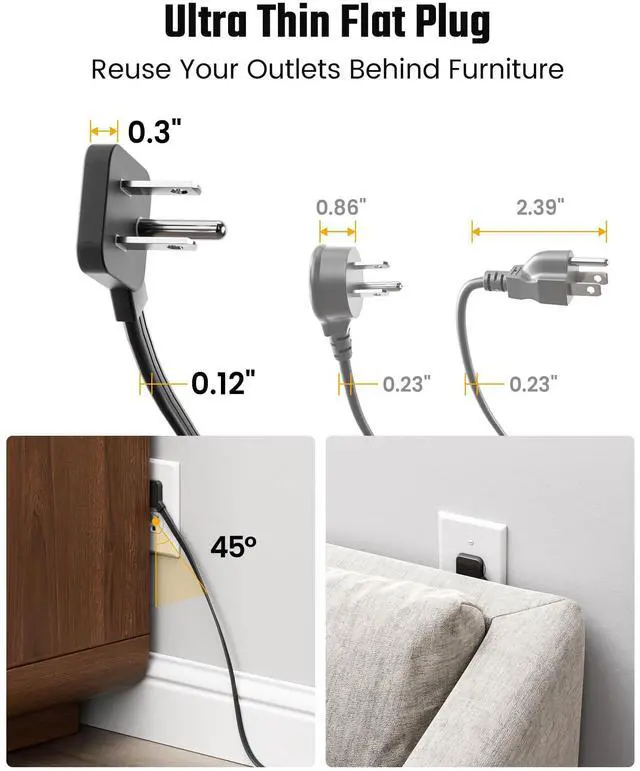 Alt view image 7 of 7 - 15 Ft Extension Cord with Multiple Outlets, Long Extension with 6 Outlets 4 USB Ports(2 USB C), Flat Plug Surge Protector Power Strip for Home, Office Supplies, Dorm Essentials, Black