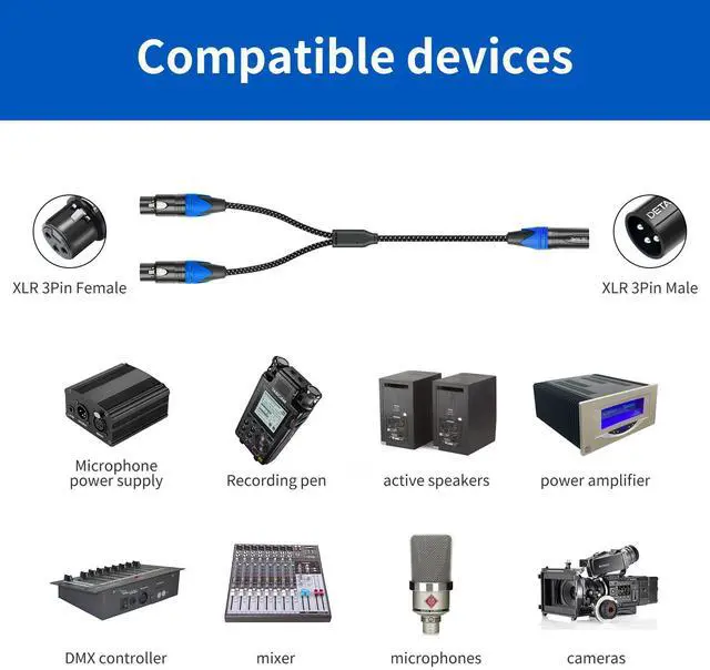 Alt view image 2 of 7 - 2Pack XLR Male to Dual Female y Splitter Cable,Black+Blue Y Splitter Cable 1 Male 2 Female,3Pin-XLR Combiner Y Cord Balanced Microphone Adaptor Patch Cable-2FT
