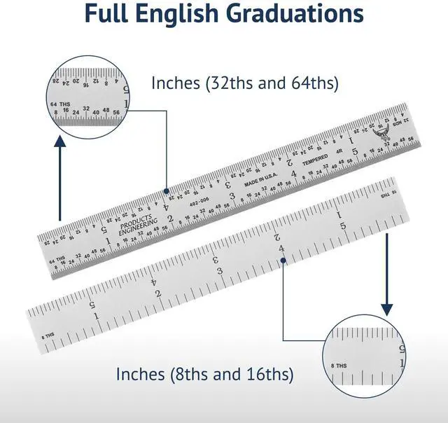 Alt view image 7 of 7 - High Precision Metal Ruler, 6 Inch Rigid Machinist Rule, 4R Graduation (1/8", 1/16", 1/32", 1/64"), Carbon Steel with Satin Chrome Finish, Trusted by Professionals, Made in USA