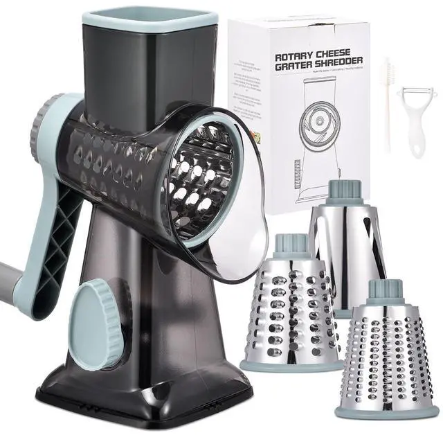 Main image of Cheese Grater with Handle Kitchen Shredder Slicer Grater Slicer Ice Shaver Cheese Vegetable Nuts Potato Zucchini Chocolate 3 Interchangeable Blades (GreyBlue