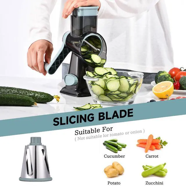 Alt view image 4 of 7 - Cheese Grater with Handle Kitchen Shredder Slicer Grater Slicer Ice Shaver Cheese Vegetable Nuts Potato Zucchini Chocolate 3 Interchangeable Blades (GreyBlue