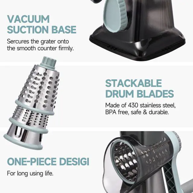 Alt view image 6 of 7 - Cheese Grater with Handle Kitchen Shredder Slicer Grater Slicer Ice Shaver Cheese Vegetable Nuts Potato Zucchini Chocolate 3 Interchangeable Blades (GreyBlue