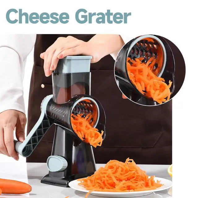 Alt view image 7 of 7 - Cheese Grater with Handle Kitchen Shredder Slicer Grater Slicer Ice Shaver Cheese Vegetable Nuts Potato Zucchini Chocolate 3 Interchangeable Blades (GreyBlue