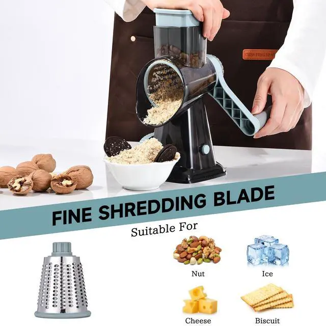 Alt view image 5 of 7 - Cheese Grater with Handle Kitchen Shredder Slicer Grater Slicer Ice Shaver Cheese Vegetable Nuts Potato Zucchini Chocolate 3 Interchangeable Blades (GreyBlue
