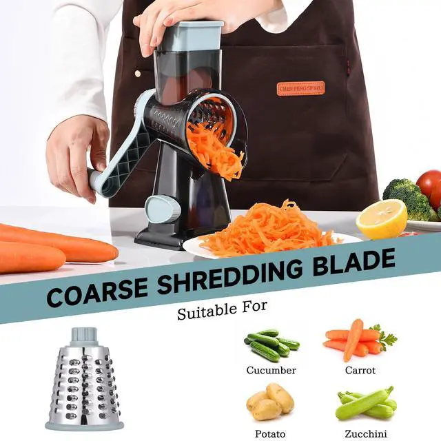 Alt view image 3 of 7 - Cheese Grater with Handle Kitchen Shredder Slicer Grater Slicer Ice Shaver Cheese Vegetable Nuts Potato Zucchini Chocolate 3 Interchangeable Blades (GreyBlue