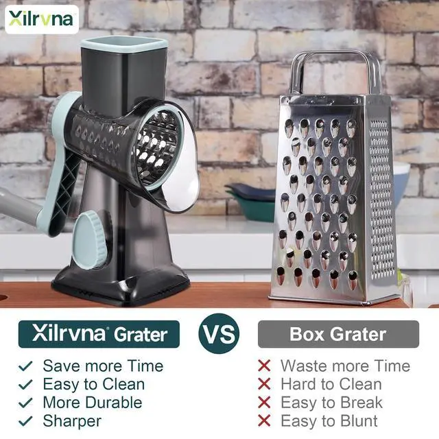 Alt view image 2 of 7 - Cheese Grater with Handle Kitchen Shredder Slicer Grater Slicer Ice Shaver Cheese Vegetable Nuts Potato Zucchini Chocolate 3 Interchangeable Blades (GreyBlue