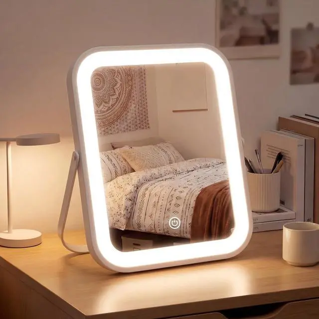 Main image of Dorm Vanity Mirror with Light 8" x 10" Desk Makeup Mirror, 1200mah Battery, Rechargeable Smart Touch with 3-Color Dimmable LED Lighting for Back to College Dorm Essentials Women Travel Gift