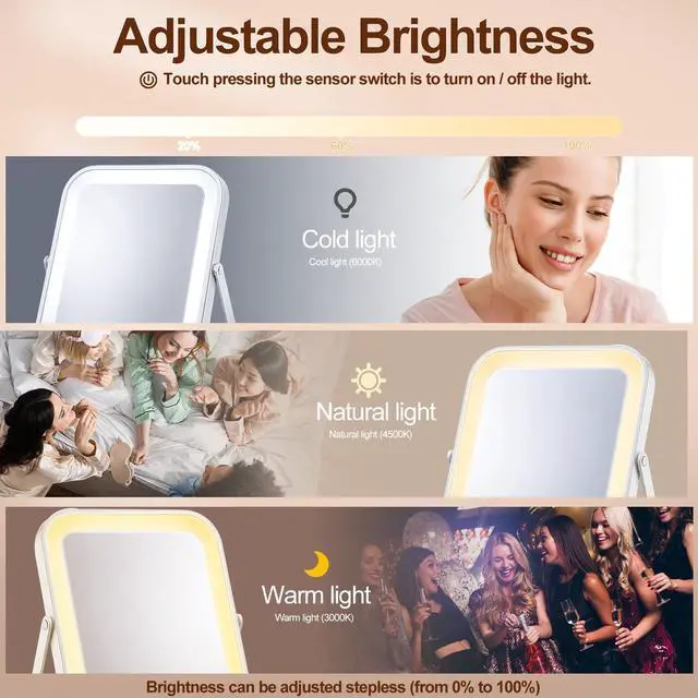 Alt view image 5 of 7 - Dorm Vanity Mirror with Light 8" x 10" Desk Makeup Mirror, 1200mah Battery, Rechargeable Smart Touch with 3-Color Dimmable LED Lighting for Back to College Dorm Essentials Women Travel Gift