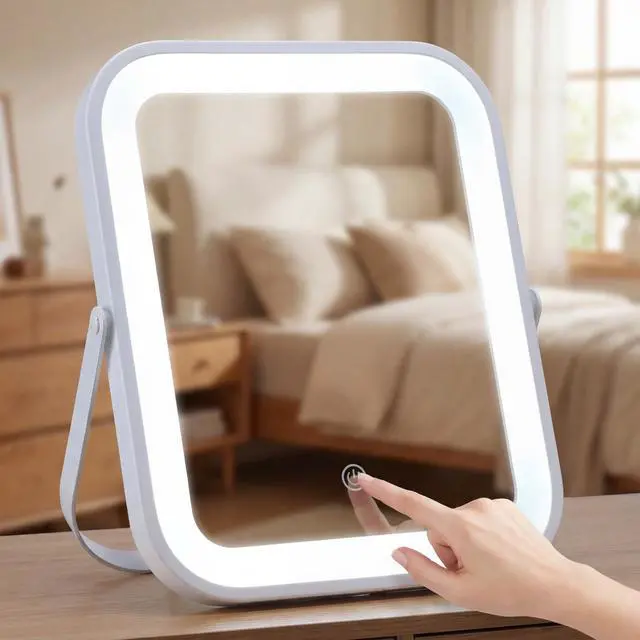Alt view image 4 of 7 - Dorm Vanity Mirror with Light 8" x 10" Desk Makeup Mirror, 1200mah Battery, Rechargeable Smart Touch with 3-Color Dimmable LED Lighting for Back to College Dorm Essentials Women Travel Gift