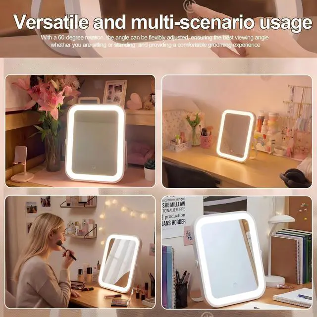 Alt view image 7 of 7 - Dorm Vanity Mirror with Light 8" x 10" Desk Makeup Mirror, 1200mah Battery, Rechargeable Smart Touch with 3-Color Dimmable LED Lighting for Back to College Dorm Essentials Women Travel Gift