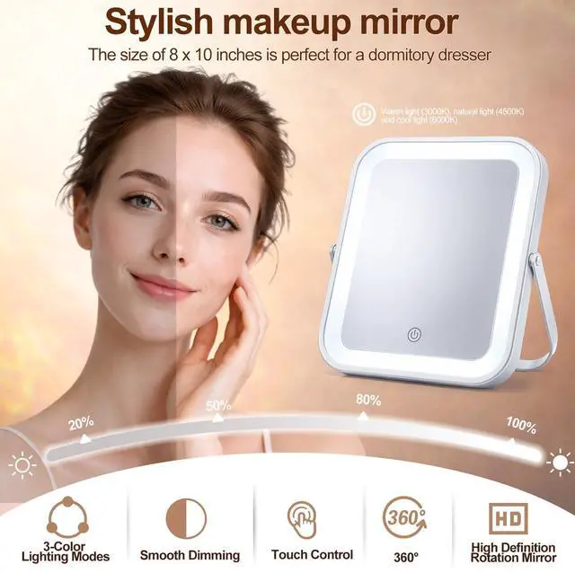 Alt view image 2 of 7 - Dorm Vanity Mirror with Light 8" x 10" Desk Makeup Mirror, 1200mah Battery, Rechargeable Smart Touch with 3-Color Dimmable LED Lighting for Back to College Dorm Essentials Women Travel Gift