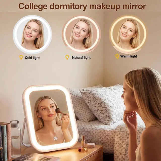 Alt view image 6 of 7 - Dorm Vanity Mirror with Light 8" x 10" Desk Makeup Mirror, 1200mah Battery, Rechargeable Smart Touch with 3-Color Dimmable LED Lighting for Back to College Dorm Essentials Women Travel Gift