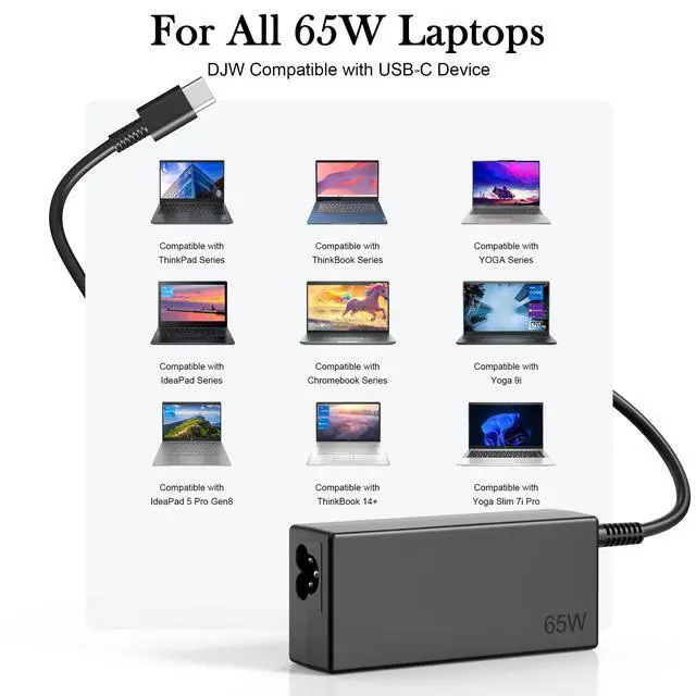 Alt view image 5 of 7 - 65W USB C Laptop Charger Compatible with Lenovo ThinkPad X1 X13 T14 T14s T15 E14 E15 T480s T490 Yoga 7i 9i C940 Thinkbook 13s 14 15 16 Chromebook c330 s330 Computer Charger Type C AC Power Adapter