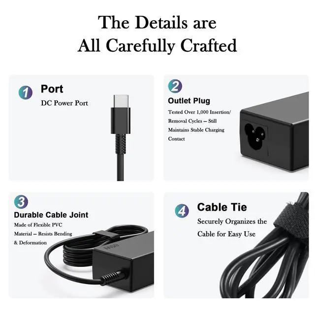 Alt view image 2 of 7 - 65W USB C Laptop Charger Compatible with Lenovo ThinkPad X1 X13 T14 T14s T15 E14 E15 T480s T490 Yoga 7i 9i C940 Thinkbook 13s 14 15 16 Chromebook c330 s330 Computer Charger Type C AC Power Adapter