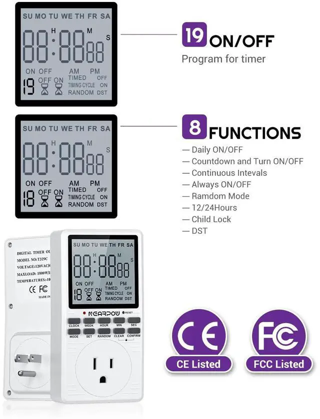 Alt view image 2 of 7 - Outlet Timer, NEARPOW Multifunctional Programmable Timer with Countdown and 7-Day Digital Infinite Repeat Cycle Intermittent, 19 ON/Off Programs for Electrical Outlets, 3 Prong, 15A/1800W