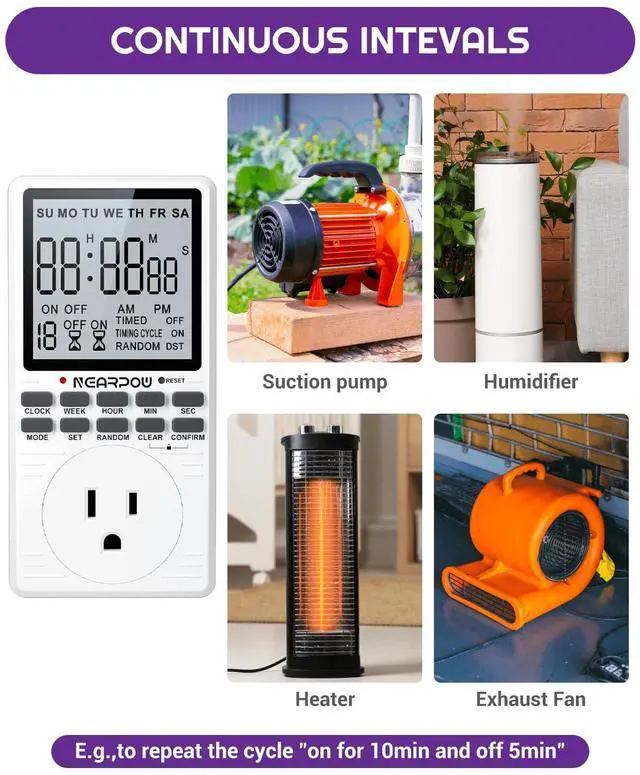 Alt view image 5 of 7 - Outlet Timer, NEARPOW Multifunctional Programmable Timer with Countdown and 7-Day Digital Infinite Repeat Cycle Intermittent, 19 ON/Off Programs for Electrical Outlets, 3 Prong, 15A/1800W
