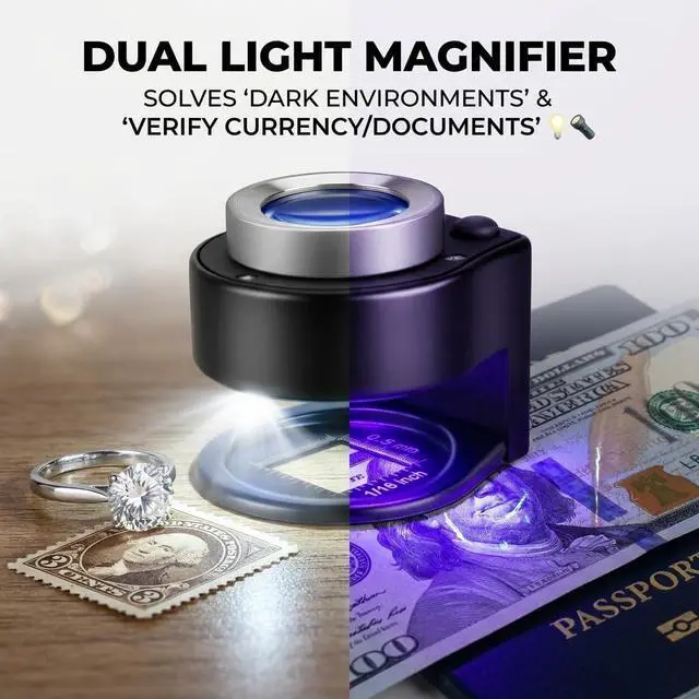 Alt view image 3 of 7 - JEYUME 30X Loupe Magnifier, Rechargeable Portable Jewelers Loupe, Magnifying Glass with Purple Light and White Light Jewelry Tool for Coins, Jewelry, Currency, and Stamps